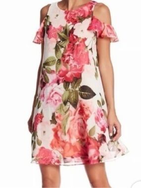 Eliza J Pink Floral Flutter Sleeve Cold Shoulder Babydoll Dress Sz 4